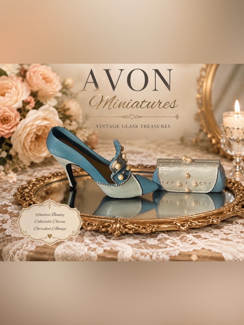Vintage Collectible Avon Blue and White Decorative Shoe & Clutch Accent Set